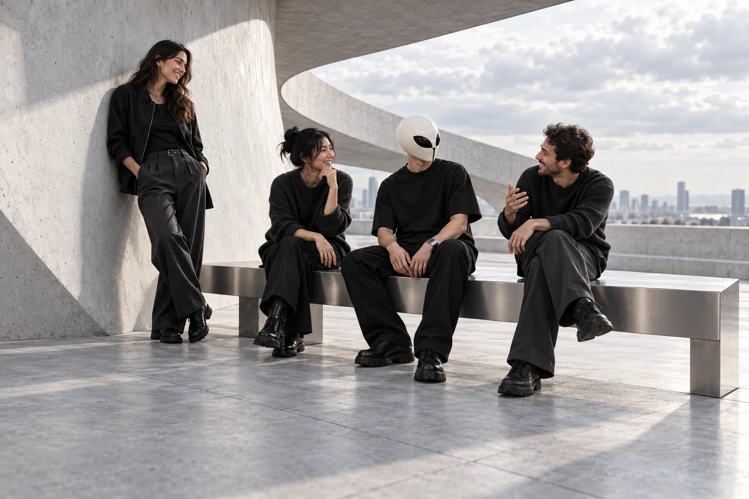 Imagined community scene: adult Wrangster and three creatives talking on a sunlit rooftop bench.