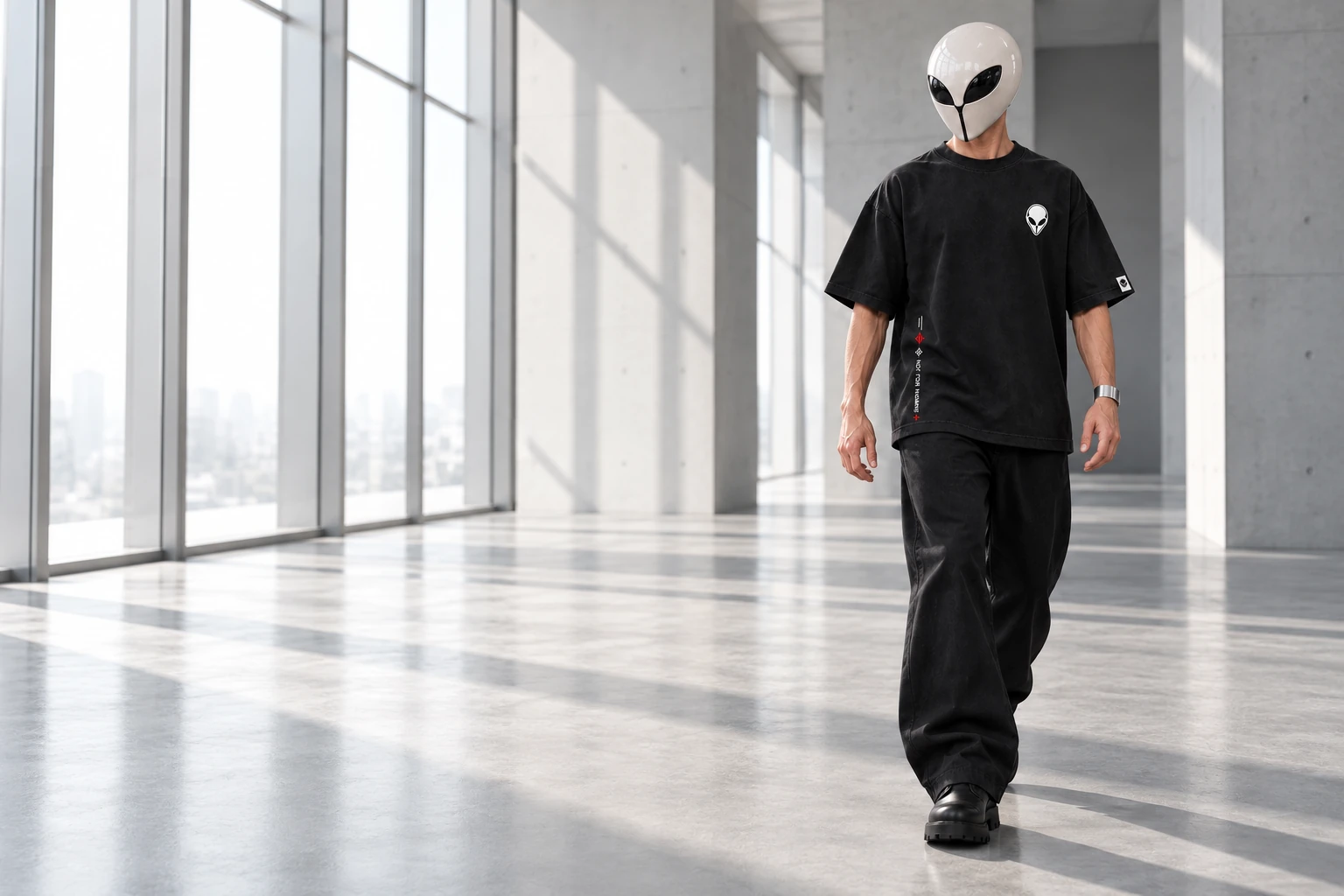 Adult Wrangster wearing Entity Uniform in a sunlit architectural space. Illustrative campaign styling.